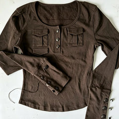 Cyflymder  Workwear Pocket Punk Henry Long Sleeve Top Brown Button Roundneck Y2K Half Button Flip Gothic Street Retro High Street Casual