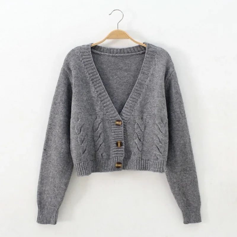 Cyflymder V Neck Cropped Cardigan Women Long Sleeve Twist Knitted Sweater Coats Autumn Winter Keep Warm Korean Fashion Jacket Cardigan