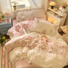Cyflymder  4Pcs  Floral Cute Single Double Queen Bedding Set Girls Princess Style Ruffle Duvet Cover Set Flat Bed Sheet Pillowcases