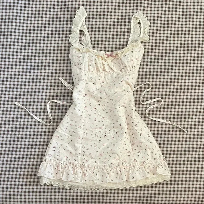 Cyflymder  Woman Dress Floral Printed Ruffles Patchwork Bow Lace Square Collar Sleeveless Slim Backless Sweet Mini Dresses Ladies
