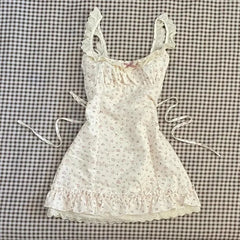 Cyflymder  Woman Dress Floral Printed Ruffles Patchwork Bow Lace Square Collar Sleeveless Slim Backless Sweet Mini Dresses Ladies