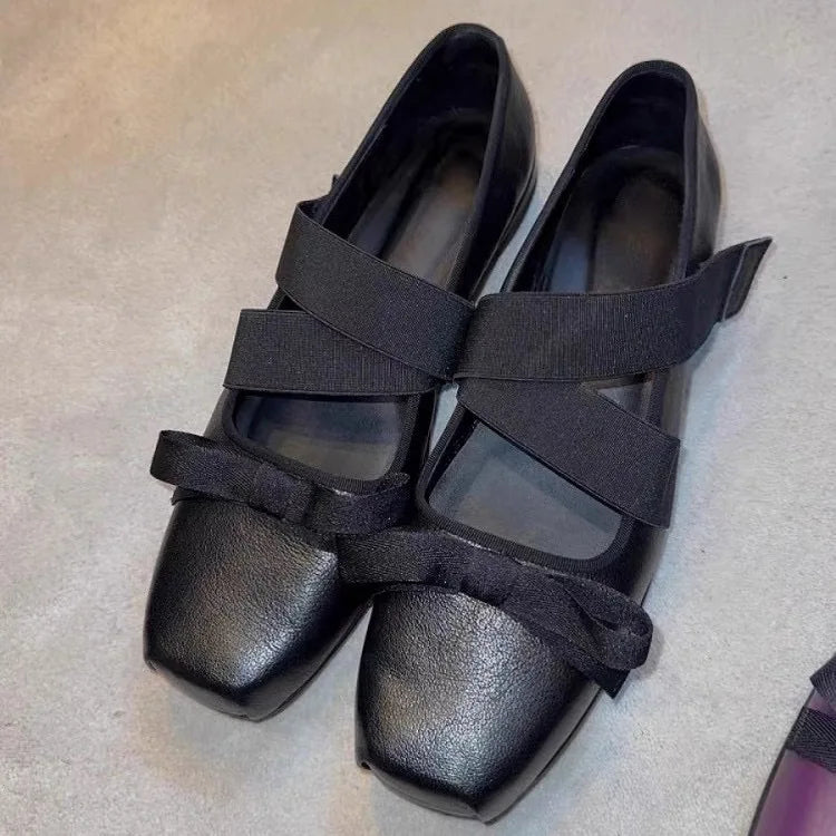Cyflymder  Single Shoe Women Autumn Mary Jane Single Shoe Women Retro Cross Bow Square Toe Thick Soled Ballet Shoes Retro Shoes Women