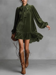 Cyflymder  2026 Spring Autumn Long Sleeve Elegant Velvet Bow Mini Dress Women's Clothing Casual Party Work Evening Office Lady Dresses