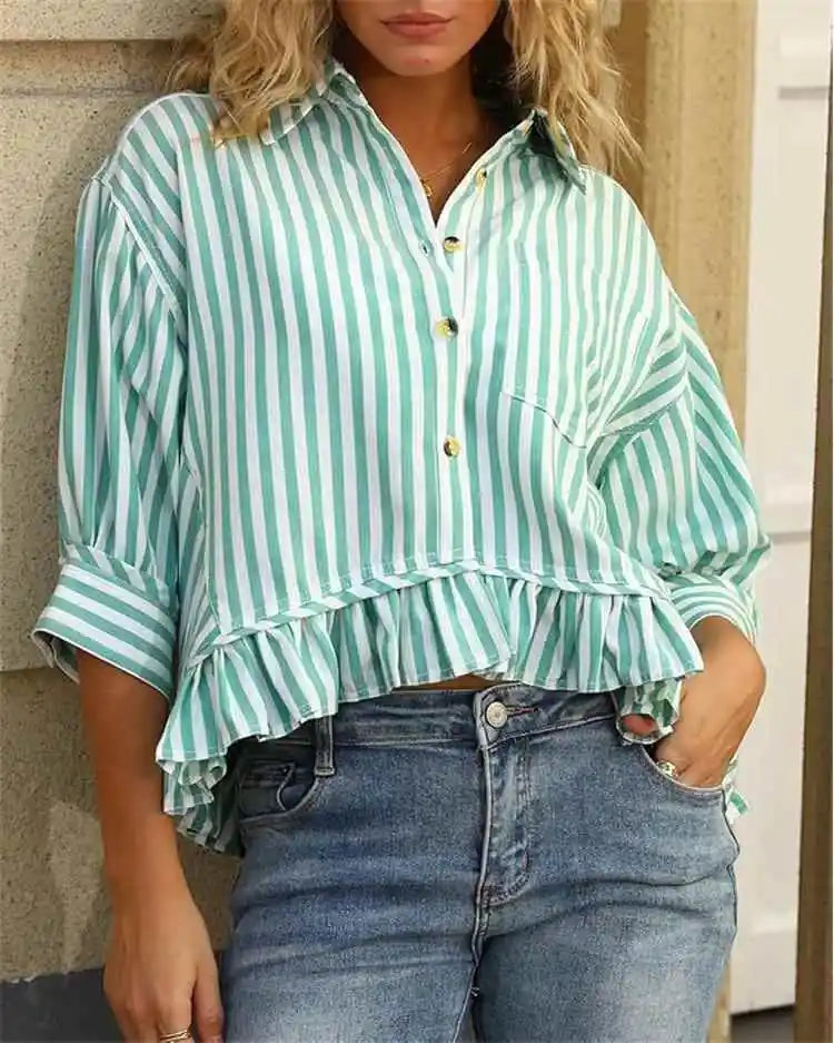 Cyflymder  Casual Stripe irt Women's Summer Top Button down ort Sve Gathered Hem Bubble Sve Polyester Fiber Commute Sleeve