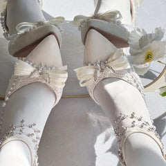 Cyflymder  Elegant Women's Shoes Lolita Wedding Bridal Heels White Bow Butterfly Heels Y2K Heels Comfortable Mary Jane Shoe Summer