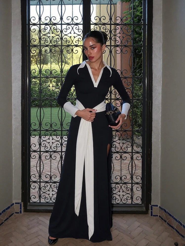 Cyflymder  Women's Classic Splice Maxi Dress Elegant Trend Lapel V-neck Bandage Full Sleeve Bodycon Female French Street Long Robe