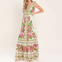 Cyflymder  Sexy V-neck Women Vacation Long Dress Summer Casual Sleeveless Hight Waist Party Dress Elegant Print Draped Bow Maxi Dress