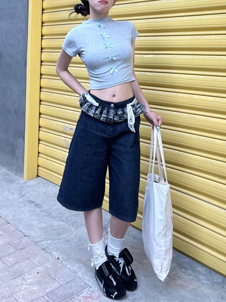 Cyflymder  Women's Pattern Stitching High Waisted Straight Shorts Girl Vintage Knee Length Trousers Summer Female Fashion Cropped Pants