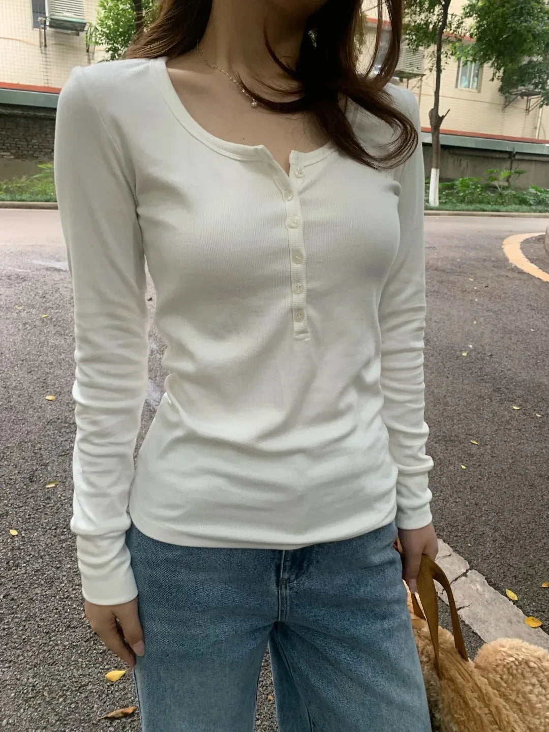 Cyflymder  Pink Six Buttons Thin Long Sleeve T-shirts Women Spring Round Neck Cotton Slim Tee Top Female Cute Sweet Tshirt Y2k Tops New