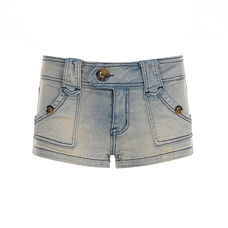 Cyflymder  Streetwear Do Old Washed Pockets Skinny Elastic Denim Shorts Hottie All Match Low Waist Mini Jeans Summer Fashion Bottoms
