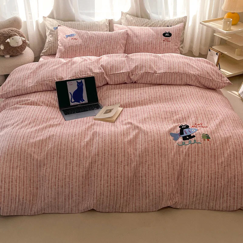 Cyflymder  Cartoon Cotton-Linen Embroidery Bedding Sets High Quality Naked Sleeping Super Soft Bedsheet Set Queen King Quilt Kit for Adults