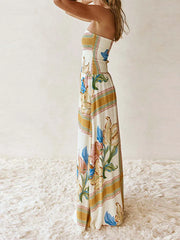 Cyflymder  Printed Chic Strapless Floor Dress Women Backless Slim Elastic High Waist Pleated Vacation Dresses 2025 Summer Party Lady Robe