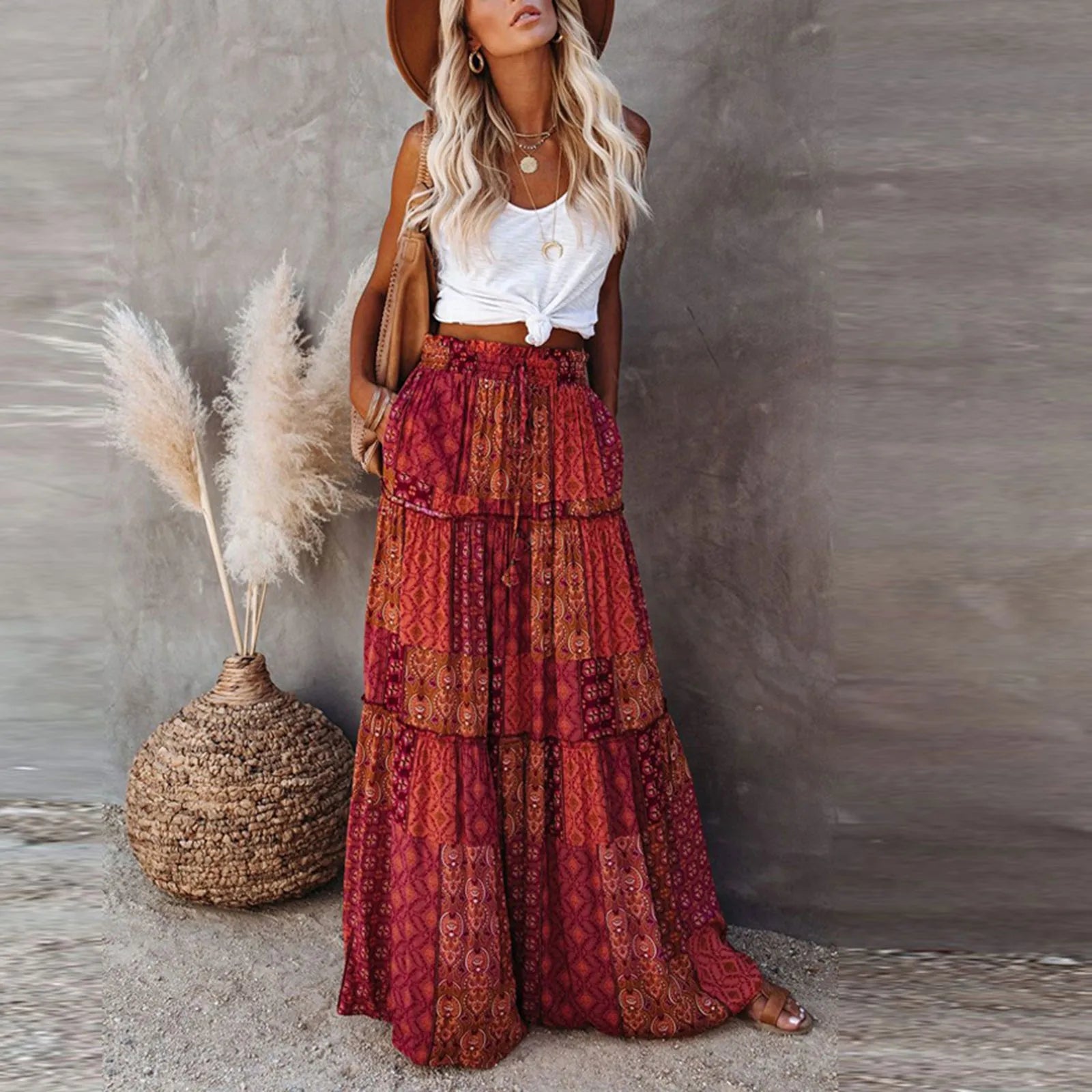 Cyflymder  Ladies’ Fashion Bohemian Flower Printing Elastic Waist Pleated Skirt Loose Casual Vintage High Waist Tie A-Line Long Skirt