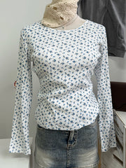 Cyflymder  Blue Floral T-shirts Women Spring Casual Streetwear Cotton Crew Neck Long Sleeve Tees Sweet Vintage Chic Preppy Style Shirts