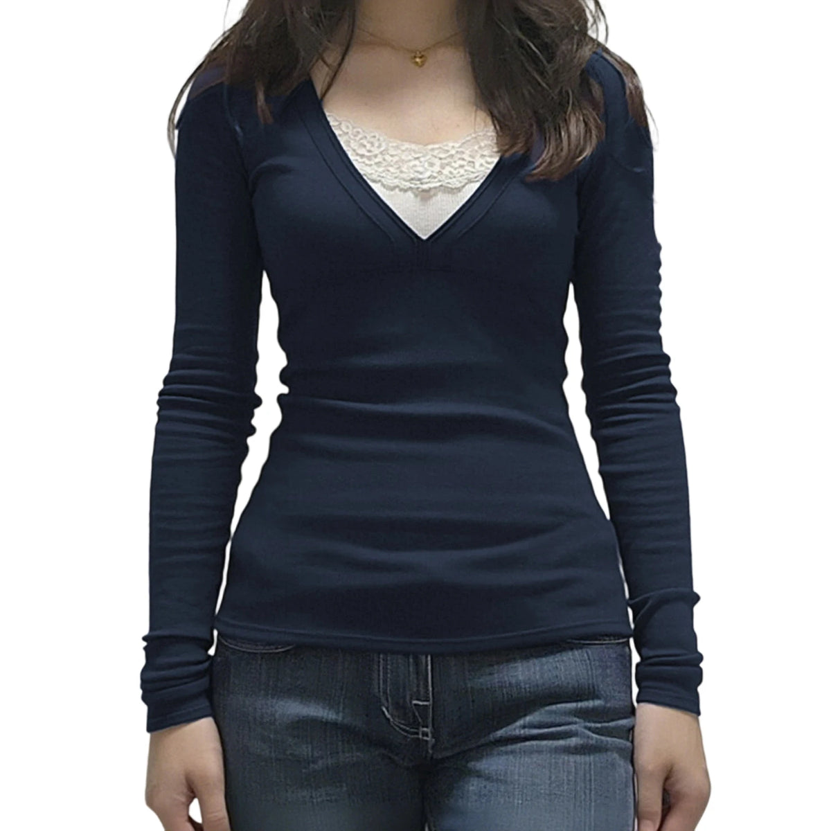 Cyflymder  Women s Stylish V Neck Lace Patchwork  Fit Long Sleeve Pullover Top for Fall Fashion Statement