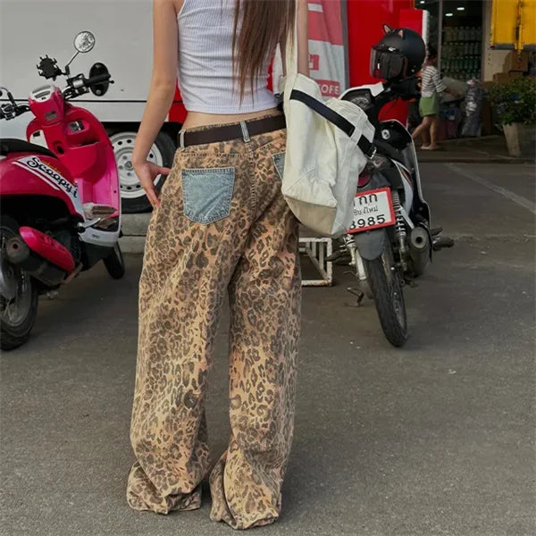 Cyflymder  Retro Splicing High Waist plus Size Slimming Leopard Print Design Casual Sle Women's Jeans Autumn New Arrival