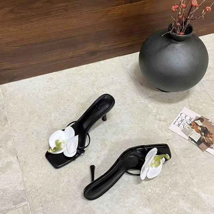 Cyflymder  Female Slip On Footwear Square Toe Ladies High Heels Pumps Slides Shoes Luxury Fashion Flower Women Thin Heels Shoes 2025 New