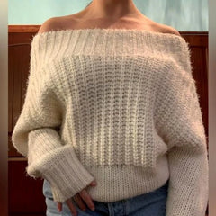 Cyflymder  Women Off Shoulder Fuzzy Knit Sweater Long Sleeve Loose Fit Y2K Solid Color Slash Neck Fluffy Cropped Knitted Pullover Tops