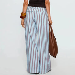 Cyflymder  Striped/Solid Tie Up Mid Rise Wide Leg Trousers Women Casual Loose Fit Long Pants Elegant Lady Daily Straight Pants