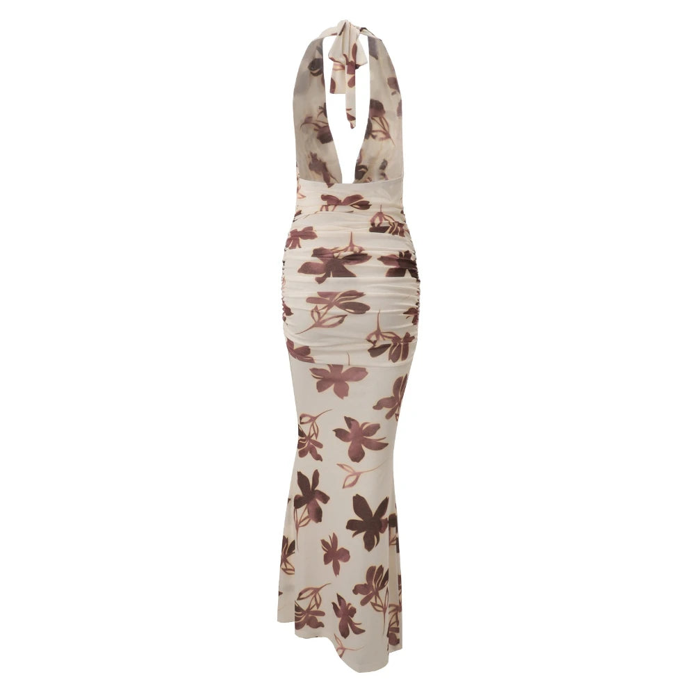 Cyflymder  Sexy Vacation Style Print Dresses for Women Swing Collar Sleeveless High Waist Slim Bodycon Long Dress Female New