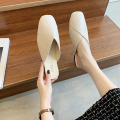 Cyflymder Women Mules Summer Elegant Square Closed Toe Flat Slippers Female Shoes Casual Leather Black White Slides Plus Size 35-43