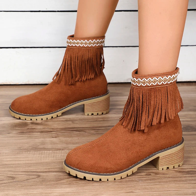 Cyflymder Womens Fashion Embroidered Ankle Boots Comfort Thick Wedge Heel Zipper Tassel Faux Suede Short Boots Cowboy Cowgirl Shoes 2024