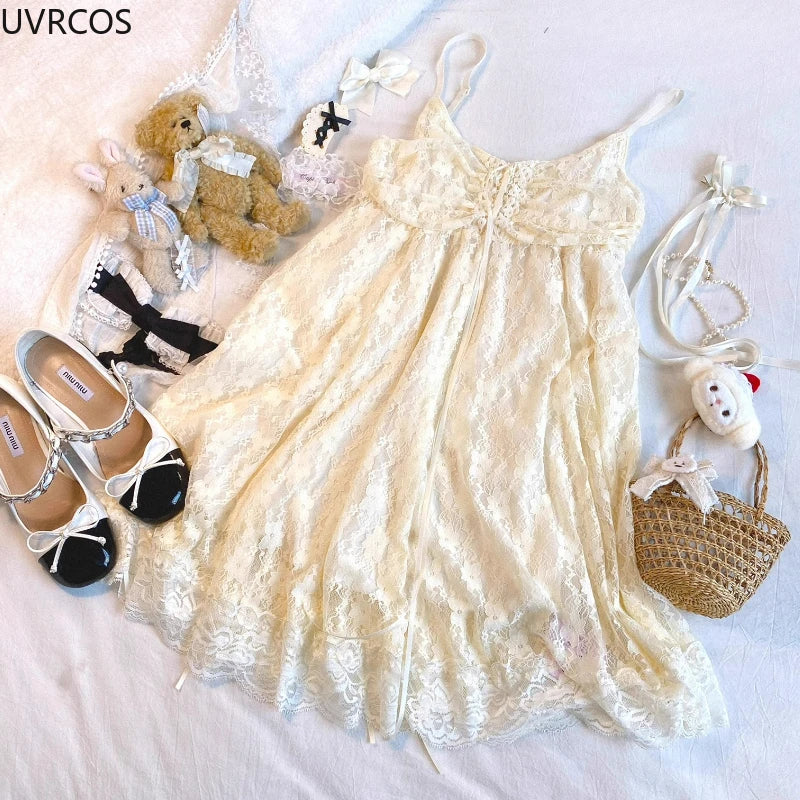 Cyflymder  Sweet Lolita Style Dress Women Vintage Elegant Flower Print Bandage Lace Dresses Girls Japanese Kawaii Party Mini Princess Dress