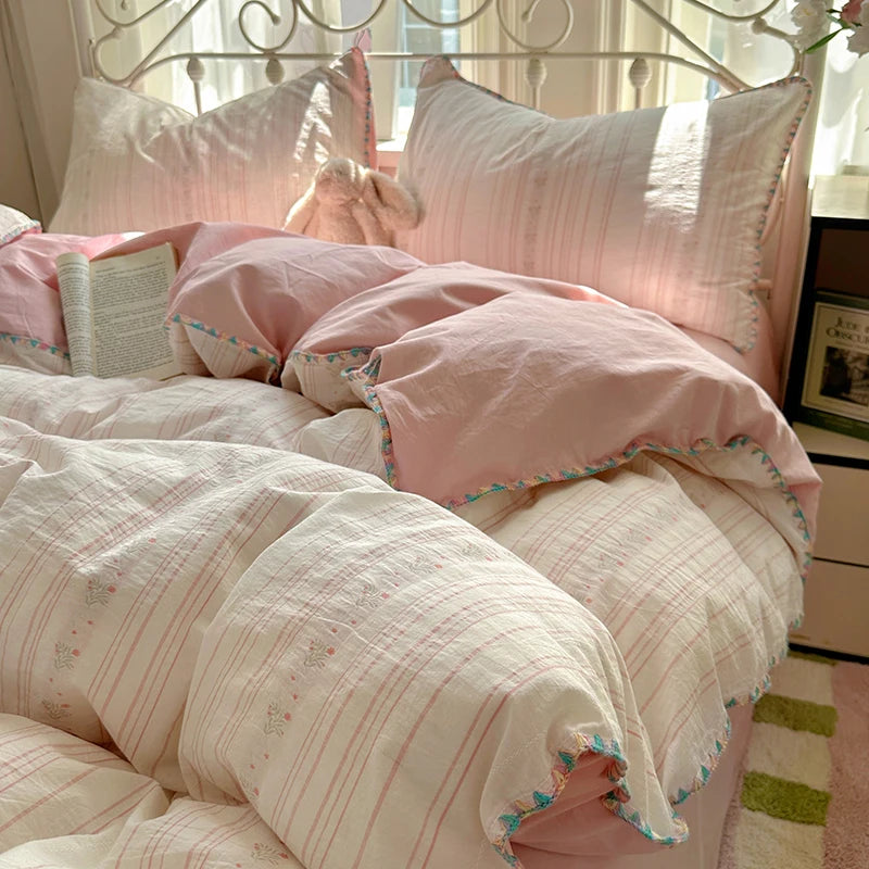 Cyflymder  100% Cotton Yarn-dyed Jacquard Floral Bedding Set Single Queen King Size Duvet Cover Bed Sheet/Fitted Sheet Pillowcases 3/4Pcs