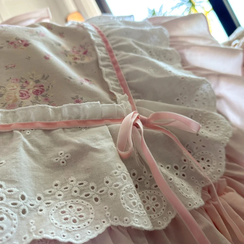 Cyflymder  Pink Floral Double Layer Lace Ruffles 100% Cotton Bedding Set Duvet Cover Set Bed Sheet/Bed Skirt/Fitted Sheet Pillowcases 4Pcs