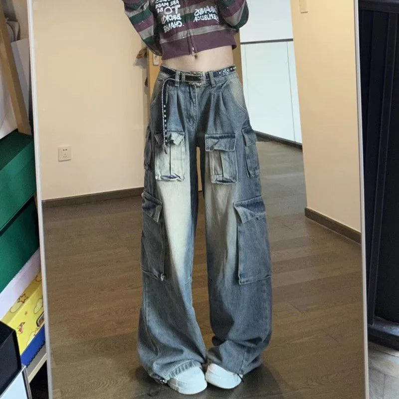 Cyflymder  New Blue Baggy Cargo Jeans Women Harajuku Y2K 90S Retro High Waist Denim Trousers Hip Hop Pockets Wide Leg Cowboy Pants