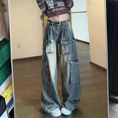 Cyflymder  New Blue Baggy Cargo Jeans Women Harajuku Y2K 90S Retro High Waist Denim Trousers Hip Hop Pockets Wide Leg Cowboy Pants
