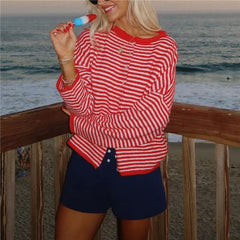 Cyflymder   Striped Loose Long Sleeve Knit Cardigan for Women Y2K Casual Autumn Outerwear Sweater Top