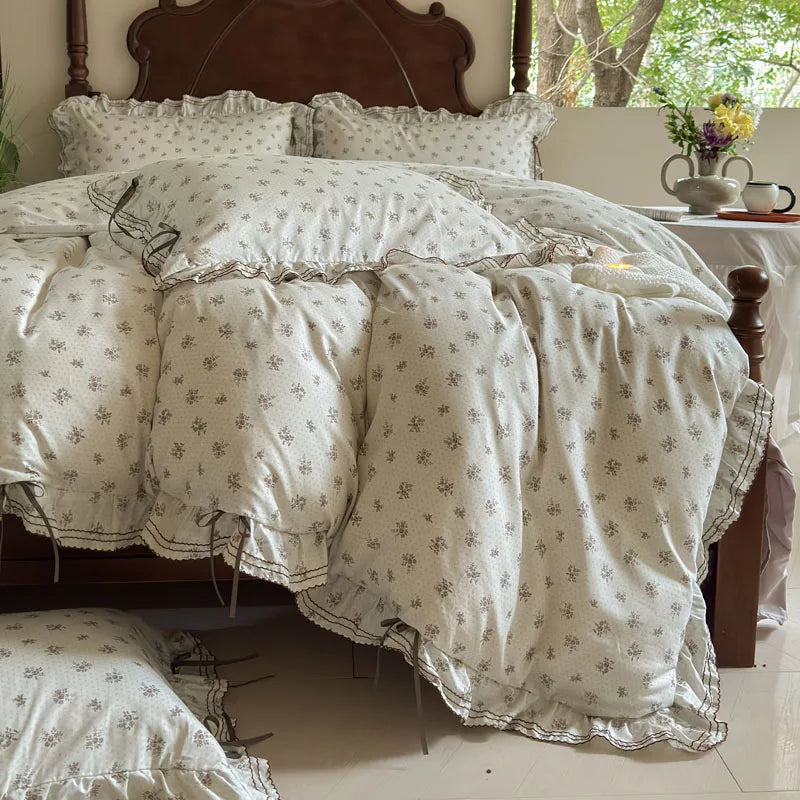Cyflymder  100% Cotton Pastoral Floral Print Ruffles Bow Princess Bedding Set Queen King Duvet Cover Set Bed Sheet/Fitted Sheet Pillowcases