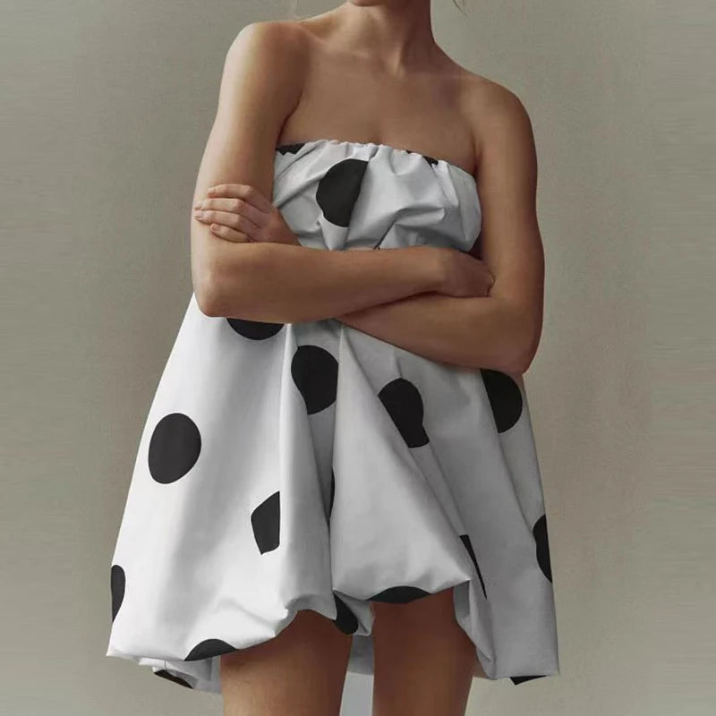 Cyflymder  Women Elegant Hight Waist Loose A-Line Dress Sexy Off Shoulder Strapless Short Dress Retro Polka Dot Print Sleeveless Mini Dress