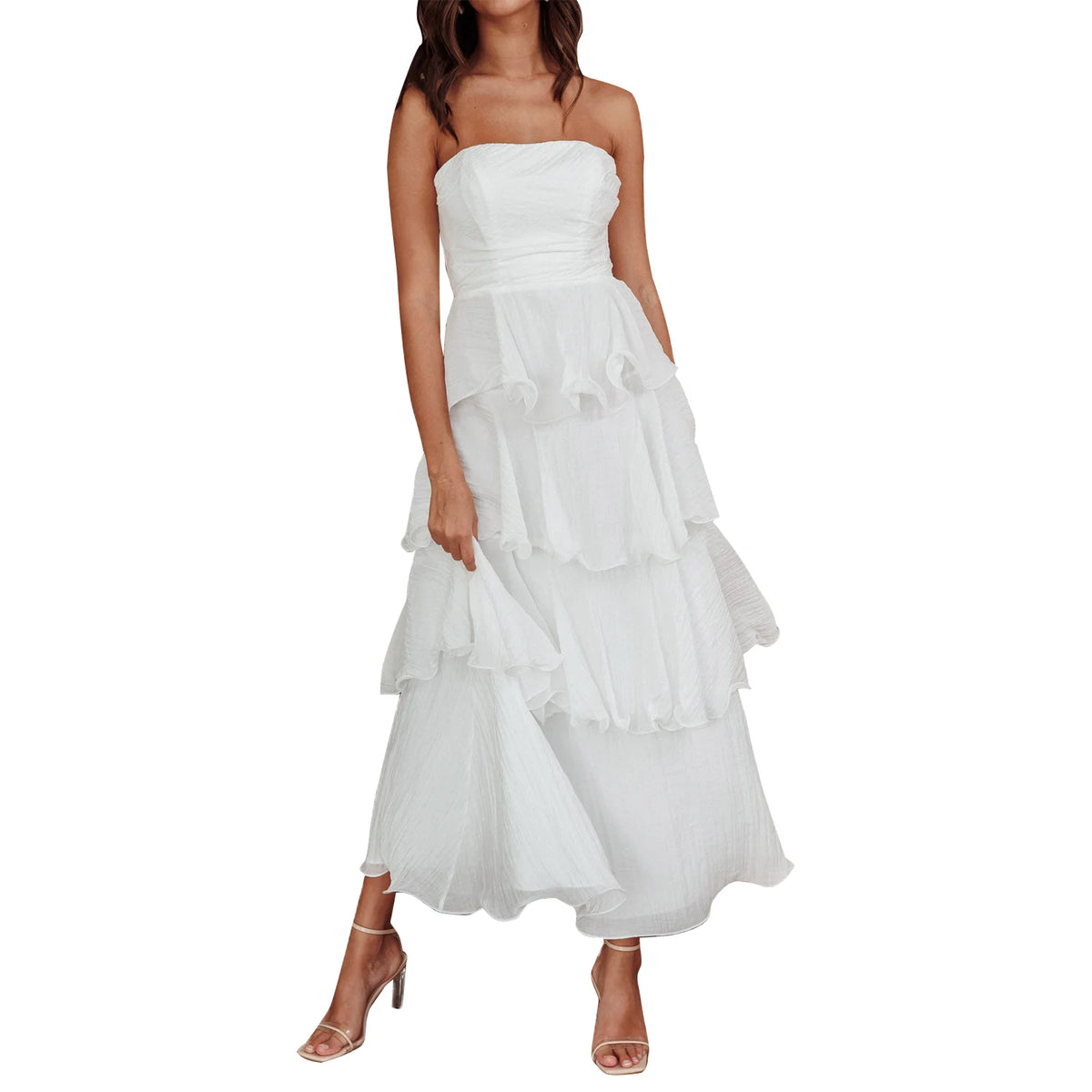 Cyflymder  Ruffled Tube Top Long Dress for Women Summer Solid Color Backless Strapless Sleeveless Tiered Cake Dress