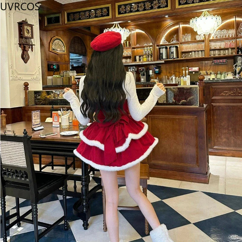 Cyflymder NEW YEAR DRESS TO IMPRESS Japanese Kawaii Lolita Dress Sets Women Hooded Shawl Short Jackets Bow Mini Skirt Korean Style Sweet Red Christmas New Year Suit