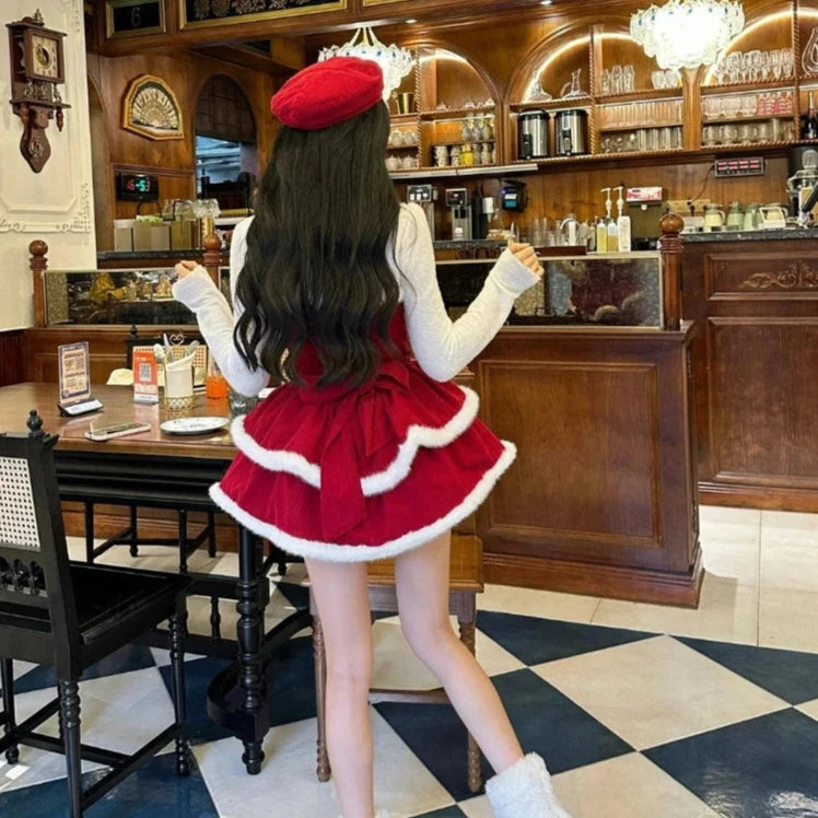 Cyflymder Japanese Kawaii Lolita Dress Sets Women Hooded Shawl Short Jackets Bow Mini Skirt Korean Style Sweet Red Christmas New Year Suit