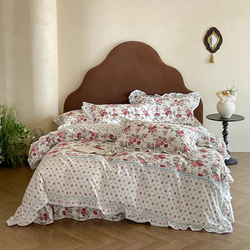 Cyflymder  Rustic Vintage French Rose Floral Ruffles 100% Cotton Bedding Set Duvet Cover Set Flat/Fitted Bed Sheet Pillowcases 4Pcs