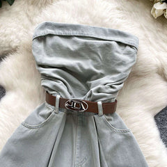 Cyflymder  Summer sleeveless strapless jumpsuit women solid color street trendy paired with waistband cinched waist casual denim shorts