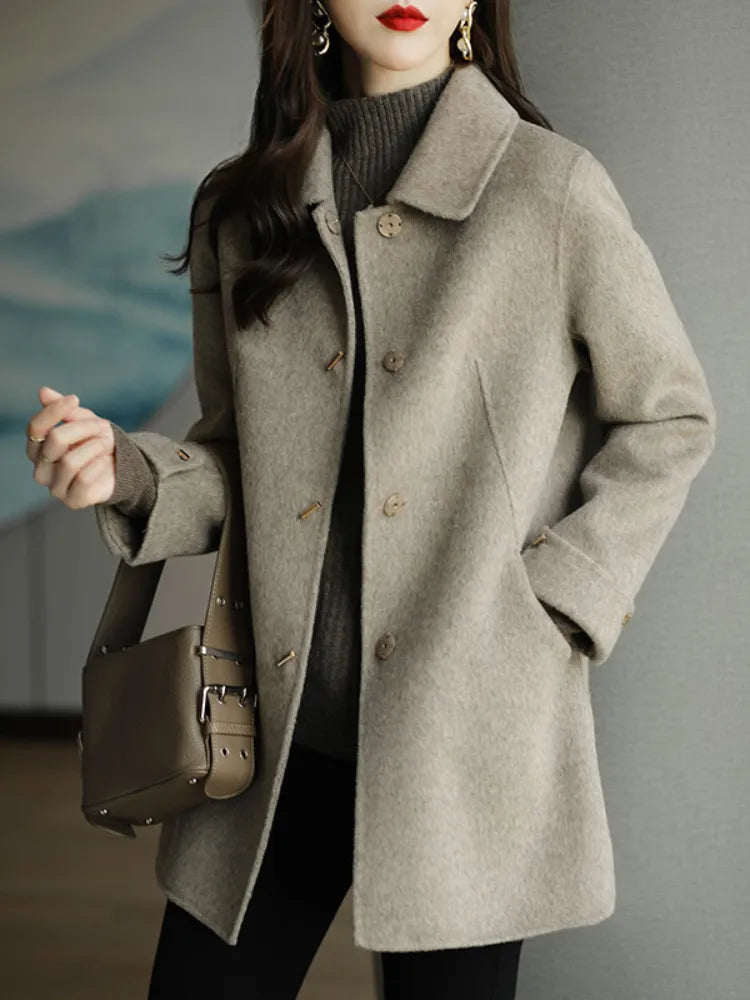 Cyflymder Autumn Winter Woolen Coat Slim Fashion Office Lady Square Collar Single Breasted Winter Coats  Wide-waisted Pocket