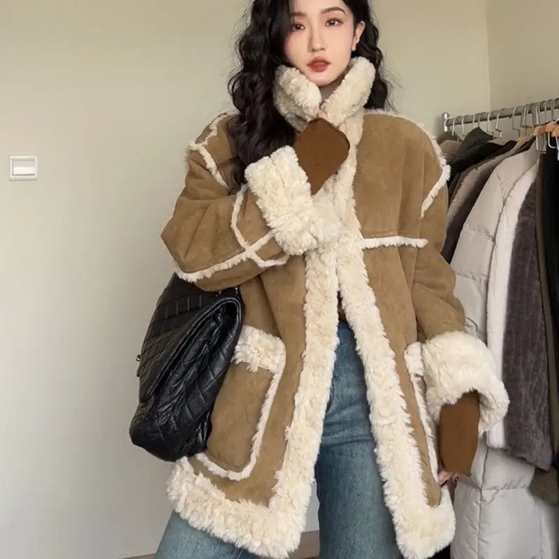 Cyflymder Winter Warm Overcoats Women Outwear Casual Y2k Office Lady Vintage Faux Fur Wool Coat Ladies Korean Fashion Khaki Jackets Chic