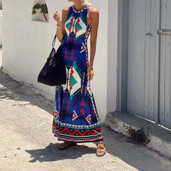 Cyflymder  New Elegant O-neck Bohe Vacation Dress Women's Fashion Pattern Printed Beach Long Dress Casual Sleeveless Slim Fit Party Dresses