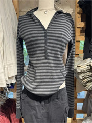 Cyflymder  Gray Striped Waffle Hooded T-shirt Women Five  Button CottonSlim Long Sleeve Tee Shirt Casual Preppy Style Vintage Tshirt Y2k