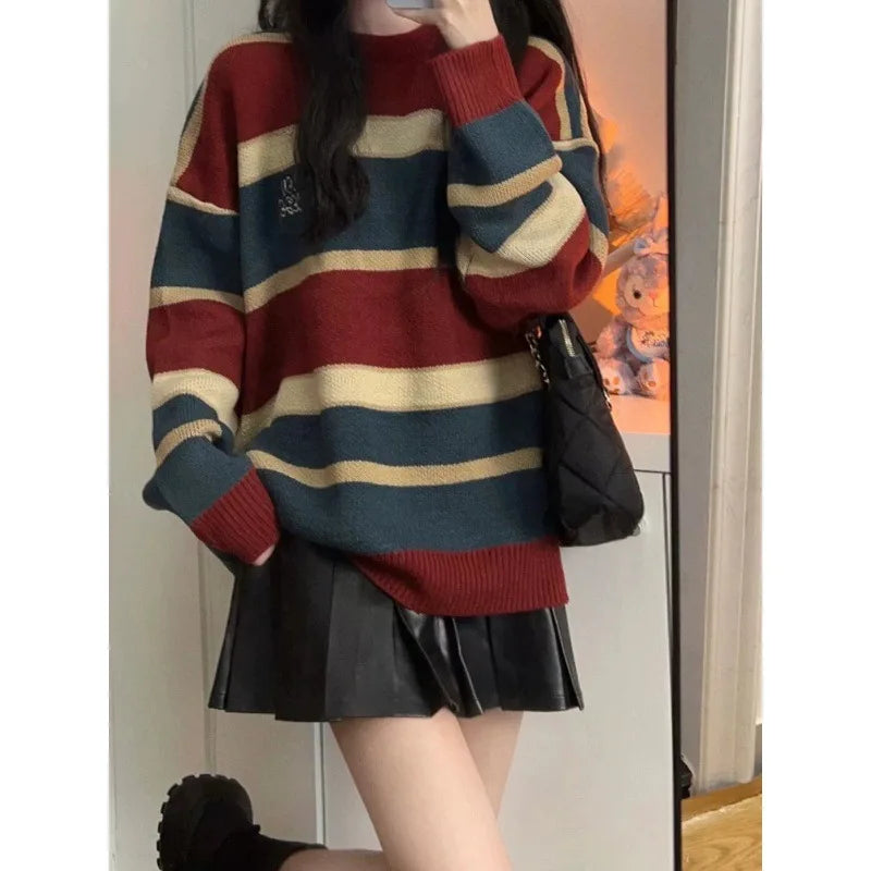 Cyflymder  Harajuku Lazy Wind Striped Sweater Women Vintage Oversize Letter Knitted Tops Retro Loose Long Sleeve Pullovers