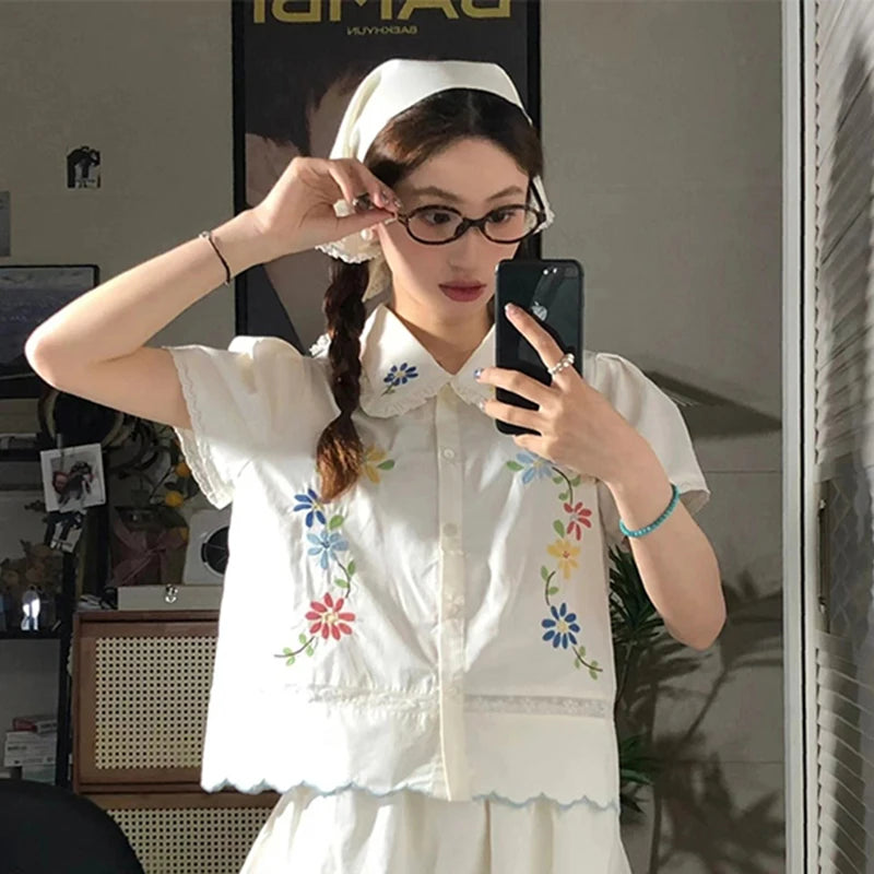 Cyflymder  2 Piece Sets Women Outfit Kawaii Lace Floral Embroidery Short Sleeve Shirts Vintage Cute Mini Skirt Summer New In Matching Sets