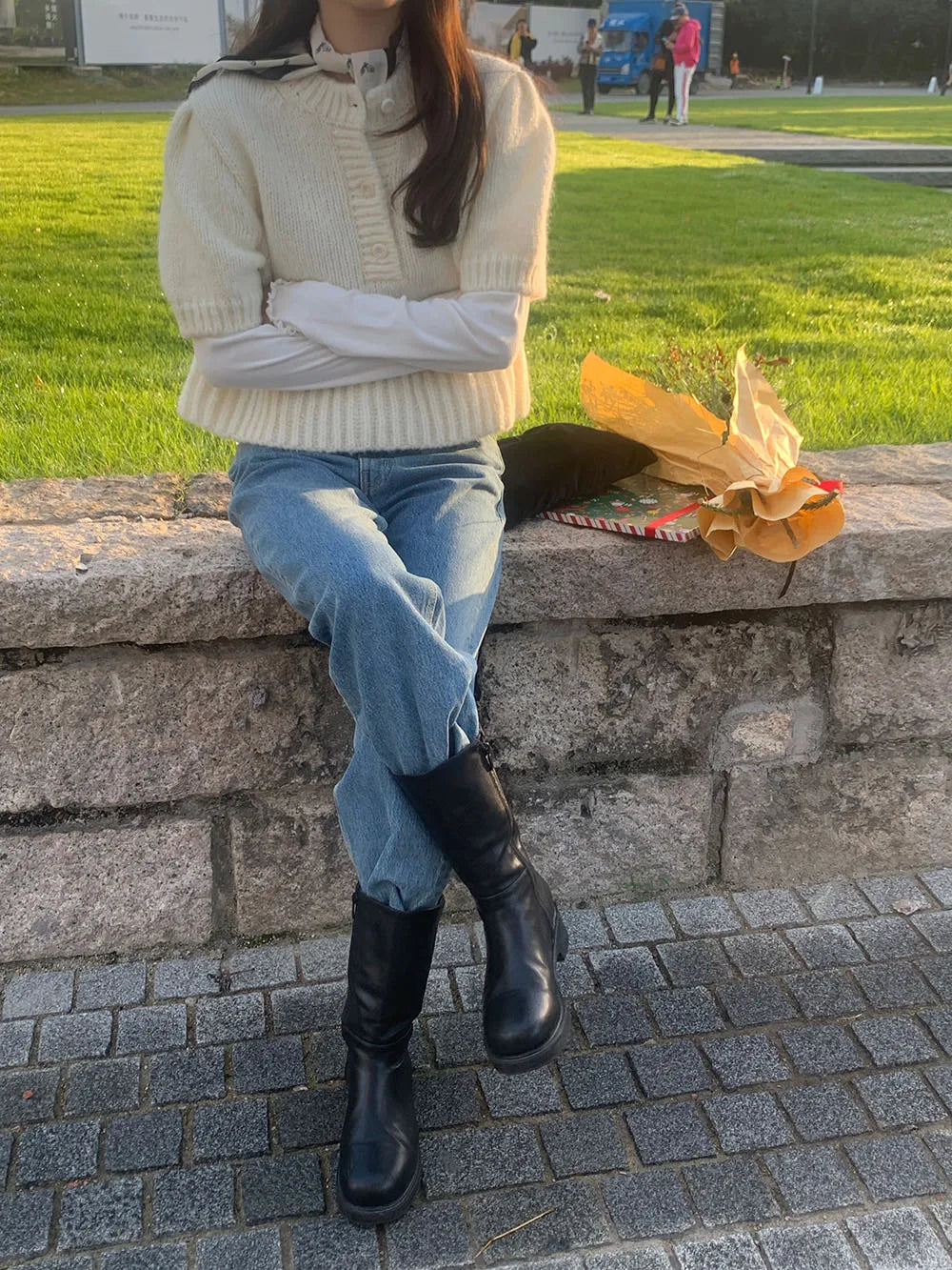Cyflymder  Chic Autumn New Sle Retro Splicing Lace Trim Soft Bubble Sve Knitted Sweater Women's Faionable Commute Loose Fit