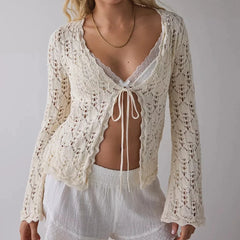 Cyflymder  Women Vintage Front Tie Cardigan Crochet Hollow Out Knitted Sweaters Fall Long Sleeve Bolero Shrug Y2K Knitted Tops