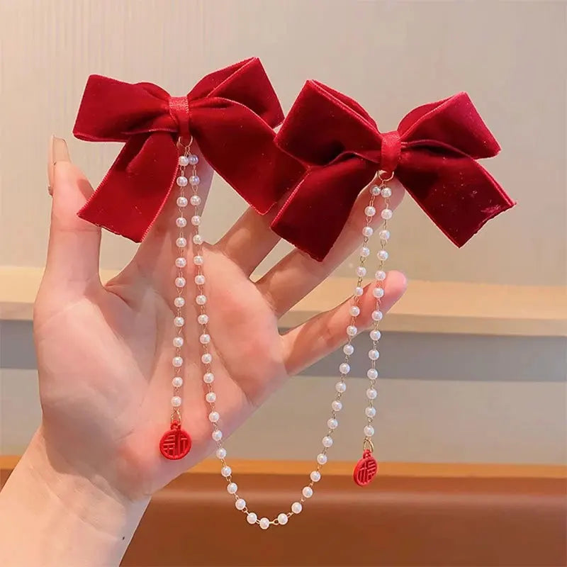 Cyflymder Sweet Princess Style Pink Pearls Chain Bow Hair Clip Women Children's Cute Back Head Hairpins Hair Clips Girls Hair Accessories