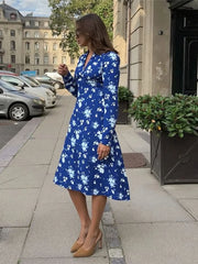 Cyflymder  Street Floral Print Maxi Dress Women v-Neck Ribbon Long Sleeve Folds Elegant Daily Autumn Trend Chic Prom Party Vestidos