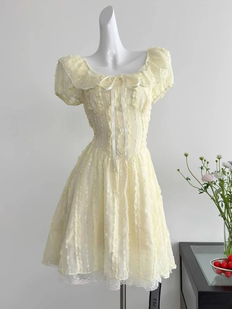 Cyflymder  Sweet Slim Yellow Dress Women Elegant Vintage Square Collar Mini Dress French Retro Puffy Sleeve Lace Patchwork Vestidos